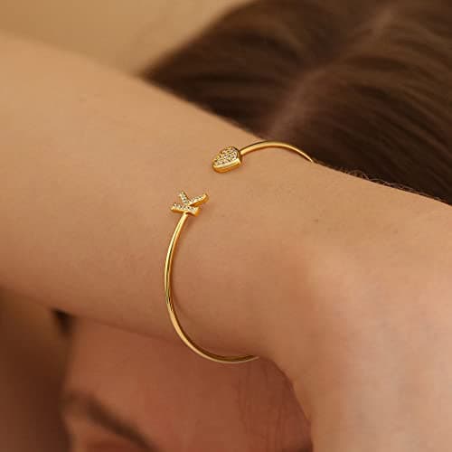 Adjustable Open Cuff Bracelet, Dainty Letter Jewelry, Daughter Sister Bridesmaid Friend, Birthday Christmas Graduation Gift Gold Bracelets for Women Teen Girls, 14K Gold Plated Initial Heart Bangle B0BN2VW1K4