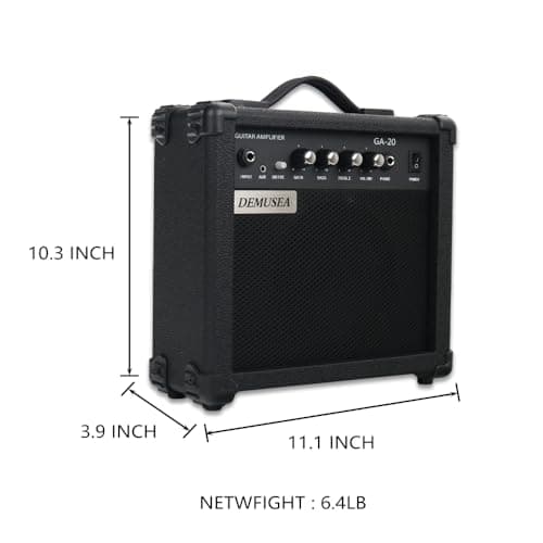 Demusea Electric Guitar Amplifier 20w Guitar Amp Practice Small Portable Travel Mini with Headphone Jack Aux Distortion Gain Treble Bass Volume Jack with 3 Meters Cable Audio Adapter Guitar Picks