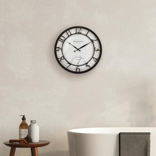 Presentime & Co 13" Farmhouse Outdoor Wall Clock w/Outdoor Thermometer, Cottage Style, Raised 3D Arabic Numerals, Oil Rubbed Bronze Finish (Wall Clock for Patio, Cottage, Poolside, Garden Spaces)