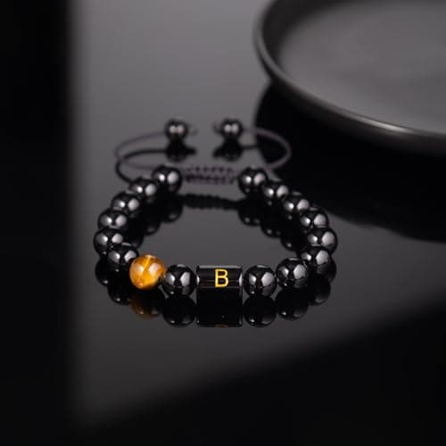 FRG Initials Bracelets for Men Letter Link Handmade Natural Black Onyx Tiger Eye Stone Beads Braided Rope Meaningful Bracelet