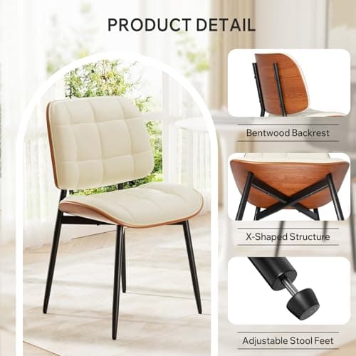 Dining Chairs Set of 2, Mid Century Modern Dining Room Chair with Thick Cushion, Upholstered Faux Leather Kitchen Chairs with Walnut Bentwood Back for Kitchen Dining Room, Beige