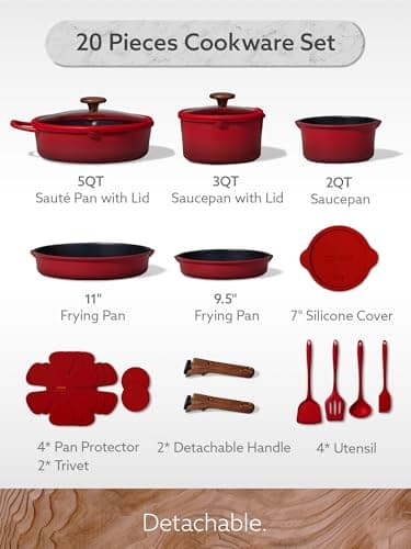 Non-Stick, Non-Toxic, Induction Compatible, Dishwasher & Oven Safe, Space Saving, Camping Cooking, House Warming Gift, Red CAROTE 20pcs Titanium Cookware Set, Detachable Handle Pots and Pans Set B0G6DTV7NG