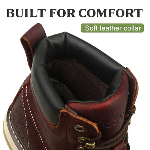 SAFETY LOONG Moc Toe Work Boots for Men Waterproof Soft/Steel Toe Comfortable Full Grain Leather Non Slip Wedge Outsole Construction 6" Workboots