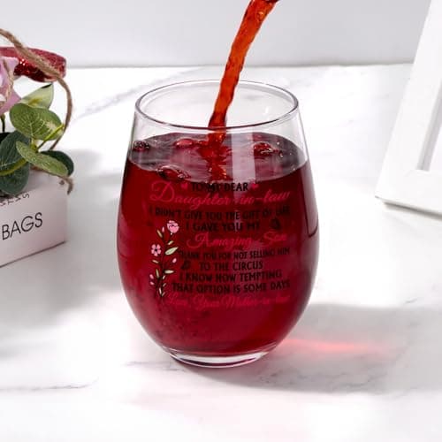 Futtumy Funny Daughter in Law Gifts, To My Dear Daughter-in-laws Stemless Wine Glass for Son's Wife, Mothers Day Birthday Christmas Gifts from Mother-In-Laws, 17 oz