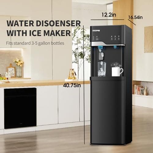Self Cleaning Hot and Cold Bottom Load Water Cooler Dispenser with Ice Maker 5 Gal Built-in Bullet Ice Maker 22lbs Daily Capacity Black