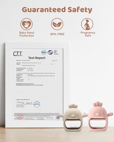 2 Pack Baby Teething Toy Silicone Teething Mitten for Babies Over 3 Months Anti Dropping Wrist Hand Teethers Baby Chew Toys for Sucking Needs, BPA Free (Pink & Caramel)