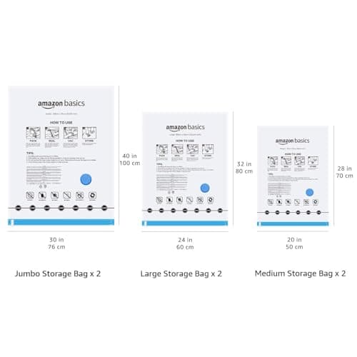 Amazon Basics Multiple Vacuum Compression Zipper Storage Bags for Space Saving and Travel with Hand Pump, 6-Pack (2 Jumbo, 2 Large, 2 Medium), Transparent