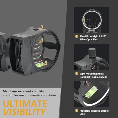 5 Pin Bow Sight for Compound Bow .019” Fiber Optics Archery Recurve Bow Sight with Knobs Windage & Elevation Adjustable Archery Sights Right Handed for Hunting Competition Practice