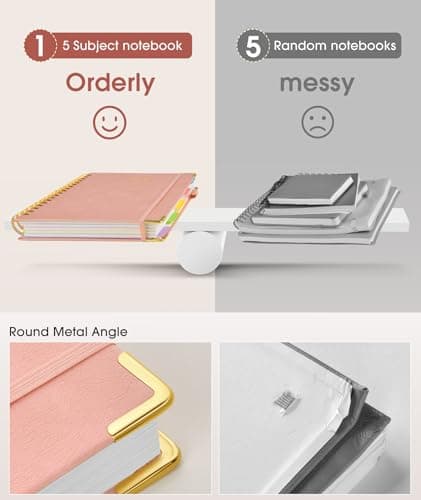 Hardcover Spiral Notebook journal with Removable Dividers Tabs, 300 Pages Leather 5 Subject Notebook College Ruled, 8"x10" Large B5 Notebooks for Work School Note taking, Lined Journal for Women,Pink B0D44Y2NSF