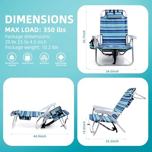 Yestomo Beach Chairs for Adults Heavy Duty, Compact Portable Lay Flat Folding Chair with Backpack Straps and Large Cooler Pouch, Support to 350LBS (Stripes_Blue&Cyan)
