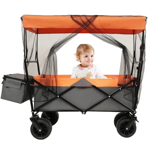 480Lbs Collapsible Wagon with Canopy Steel Orange Large Capacity Mosquito Net Camping Shopping Sports Garden Outdoor-Ready