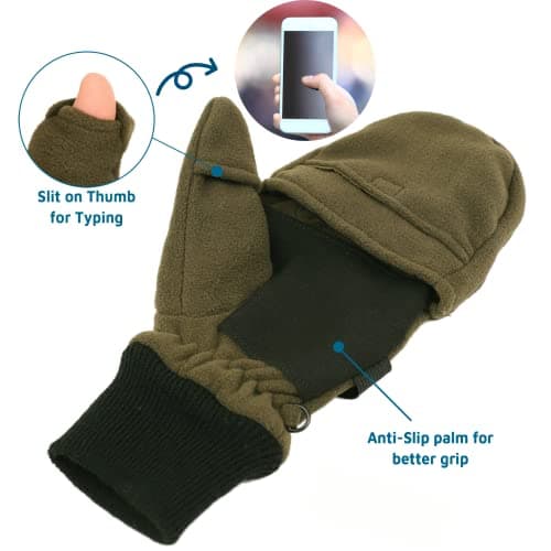 Flammi Men's Convertible Gloves, 3M Thinsulate Thermal Polar Fleece Mittens with Flip-Thumb for Hunting, Hiking, Fishing