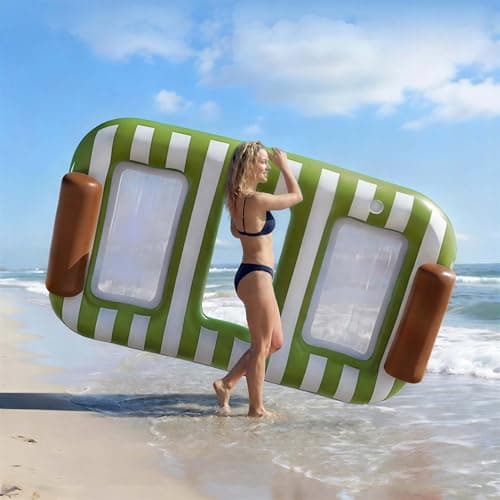 Funscape Large Inflatable Pool Floats, 87" x 53" Water Floating Hammock Tanning Pool Louger Adults, Outdoor Sun Bathing Tan Bed Mesh Mat, Swim Water Raft Floatie Summer Beach Lake Party Gifts (Green)
