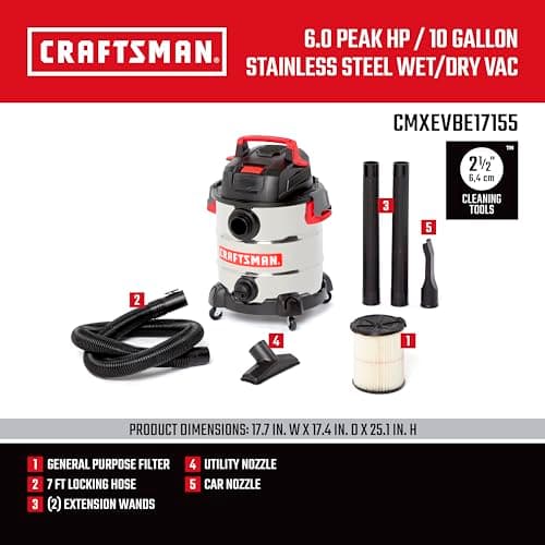 CRAFTSMAN CMXEVBE17155 10 Gallon 6.0 Peak HP Stainless Steel Wet Dry Vac, Portable Shop Vacuum Wet and Dry with Filter, Hose and Attachments for Home and Garage Use