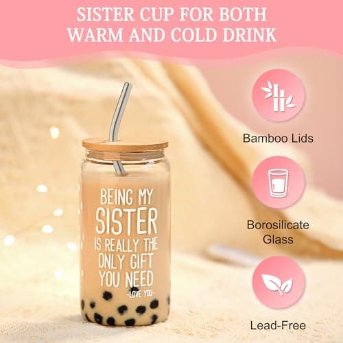 Sister Gifts from Sisters Birthday Gifts for Sisters Adult Best Sister Ever Gift Ideas for Women Cool Presents Set with Funny Glass Cup, Unique Makeup Bag, Scented Candle, Bracelet, Jewelry Tray