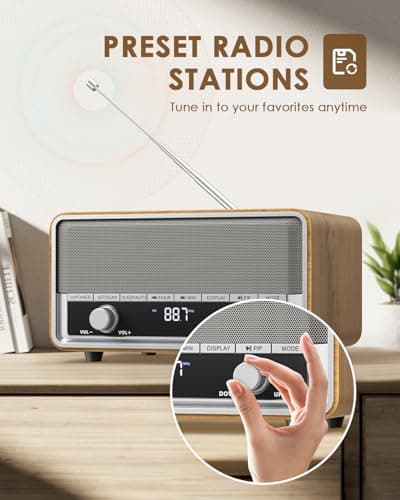 Vintage Wood AM FM Bluetooth Radio with Clock, Digital Clock Radio for Bedroom with LCD Display | 40 Presets | Sleep Timer | No Alarm, Retro Bluetooth Speaker for Office, Kitchen (Wood)