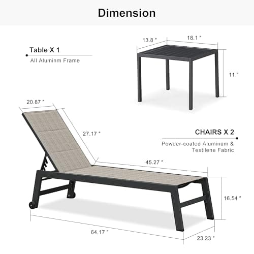 PURPLE LEAF Outdoor Chaise Lounge Set of 2 Aluminum Patio Lounge Chair with Wheels and Side Table Pool Chaise Lounge Chair for Outdoor Backyard Poolside Camel (2 Lounges Chairs W/Table)