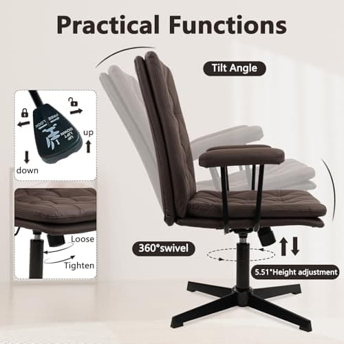 CLATINA Office Chair No Wheels, Leather Criss Cross Desk Chairs with Arms, Modern Cross Legged Computer Chair, Mid Back Height Adjustable Swivel Task Vanity Chair for Home Office, Chocolate Brown