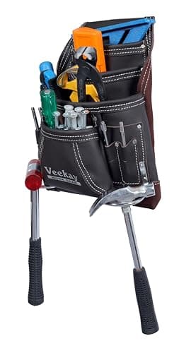 VEEKAY 10 Pockets Men Resin Finish/Oil Tanned Leather Tool Pouch White and Brown Bags Fastener Carpenter's Nail, Tool Heavy Duty Steel Hammer Loop, Belt Loop for Electrician Technician Installers