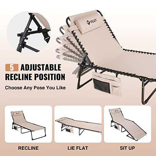 VILLEY Oversized Chaise Lounge Chair, Heavy-Duty Folding Outdoor Lounge Chair with 5 Adjustable Positions, Portable Trifold Beach Lounger for Patio, Beach, Lawn, Backyard, Camping – Beige