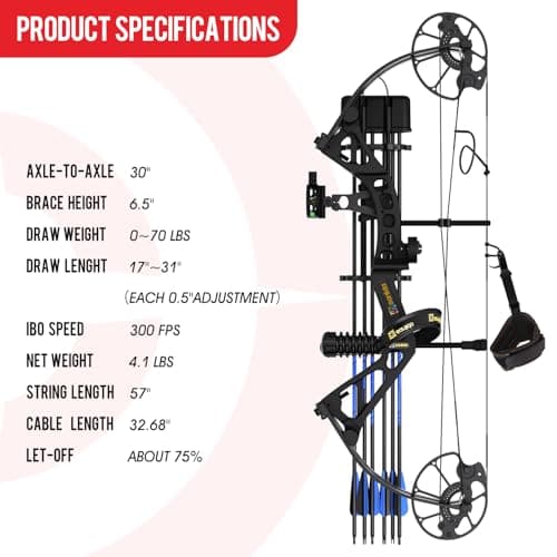 Sanlida Dragon X7 Ready to Hunt Compound Bow Package for Adults, Archery Compound Bow and Arrow Set, 0-70 Lbs Draw Weight, No Bow Press Needed, RH Only, Limited Life-time Warranty