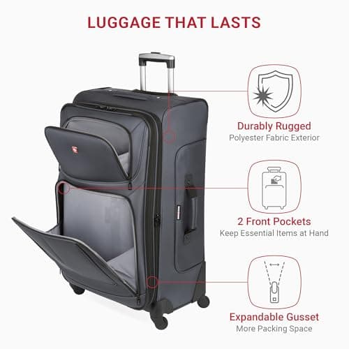SwissGear Sion Softside Expandable Luggage – Large Checked Suitcase with 360 Degree Wheels & Retractable Handle – 29 Inch, Perfect for 7-9 Night Trips – Dark Gray