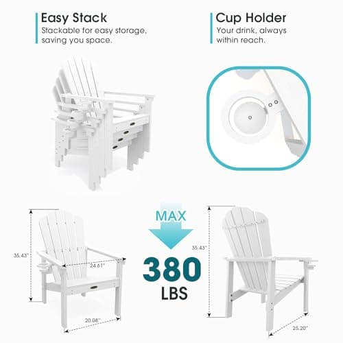 THOEOE Stackable Adirondack Chair Set of 4, HDPE All-Weather Adirondack Chairs - Durable and Space Saving, Plastic Outdoor Fire Pit Chairs with Cup Holder,White
