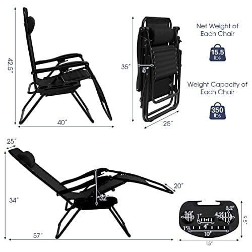 Goplus Zero Gravity Lounge Chairs, 160°Adjustable Folding Recliner w/Pillow and Cup Holder, 350LBS Comfy Outdoor Lounge Chairs for Patio, Lawn, Yard & Camp(1, Black)