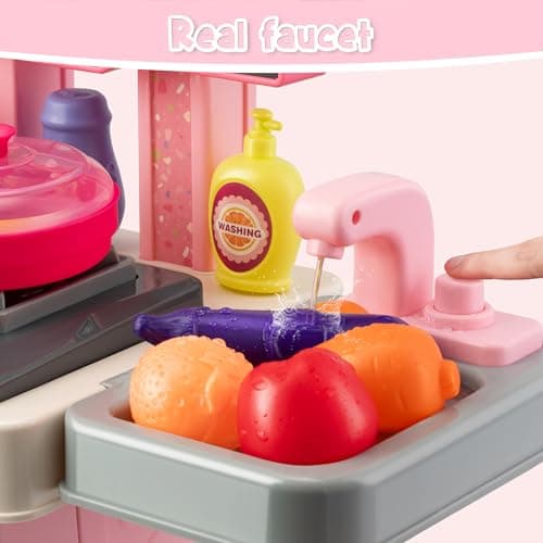 Kids Kitchen Playset-53pcs Cooking Stove,Paly Sink,Oven,Kitchen Toys with Realistic Lights&Sounds，Pretend Play Toys,Kitchen Toys for Toddlers 1 2 3 (Pink)