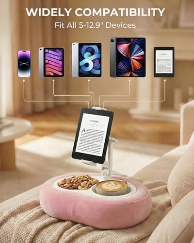 Compatible with Kindle, iPad, Phone and Tablet 5" to 12.9", Soft Plush Fabric, with 2 Snack Bowls, for Reading and Relaxing Miledi Tablet Pillow Stand for Bed with 360° Rotating Holder, Pink B0DJ2NSNFP