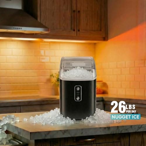 NEWBULIG Nugget Ice Makers Countertop, Portable Nugget Ice Machine, Ready in 6 Mins, 24lbs in 24Hrs, Auto-Cleaning, with Basket and Scoop, for Home, Kitchen, RV, Camping, Black