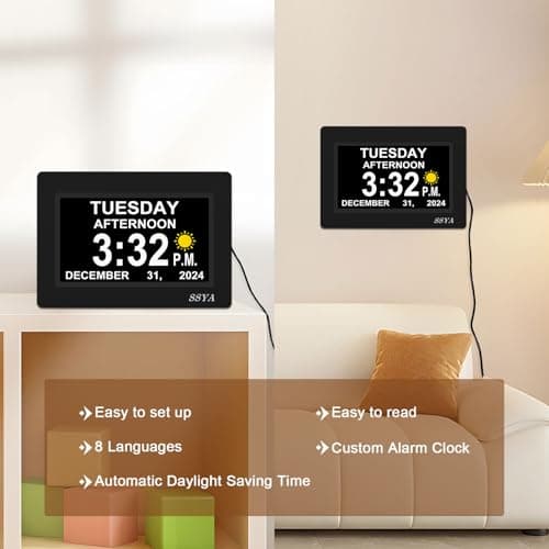 SSYA 7 Inch Calendar Clock - 12 Alarm Options, Level 5 Auto Dimmable Display,Extra Large Impaired Vision Digital Clock with Non-Abbreviated Day & Month (Black)