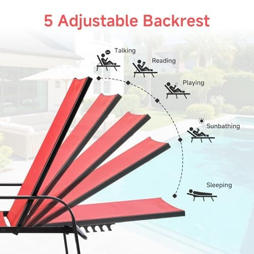 NEWBULIG Outdoor Lounge Chair for Pool, Chaise Lounge Chairs with 5-Position Recliner,350 lbs Heavy Duty Patio Pool Chair, Outdoor Sun Chairs with Metal Frame for Backyard, Classic Red