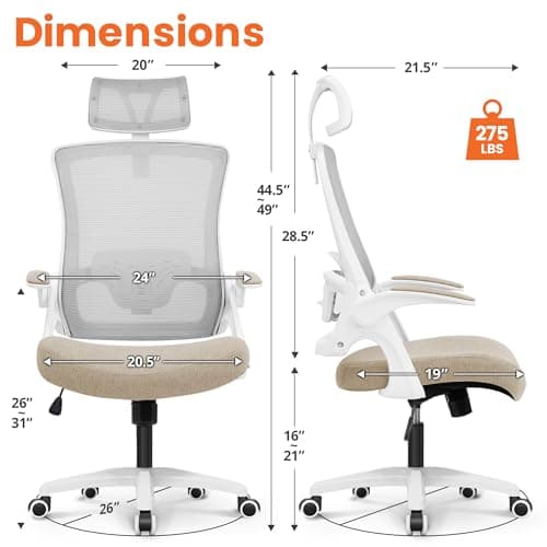 NEO CHAIR Office Desk Chair Gaming Computer High Back Support Mesh Comfy Seat with Adjustable Ergonomic Headrest Lumbar Rolling Flip-up Armrests and Wheels (Beige)