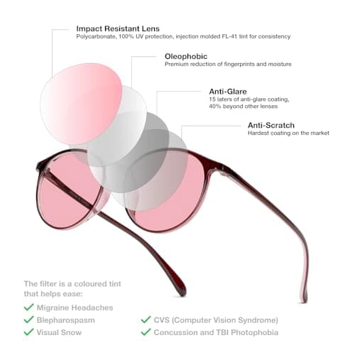 BRADDELL Indoor FL-41 Rose & Outdoor FL-60 Brown Tinted Migraine Light Sensitivity Glasses for Fluorescent LED Glare, Photophobia and Concussion (MEDIUM)