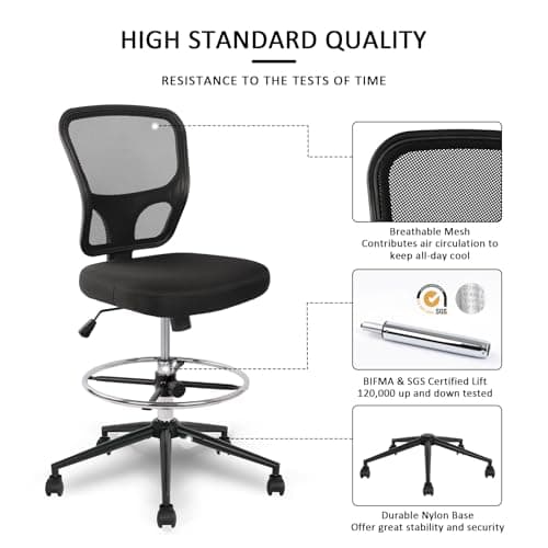 Armless Drafting Chair Tall Office Chair Adjustable Height High Back Ergonomic Desk Chair Drafting Stool Rolling Bar Stools Chairs with Footrest and Wheels