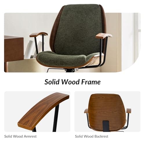 HULALA HOME Solid Wood Office Chair with Rocking Function, Comfy Fabric Desk Chair with Bent Wood and Metal Base, Height Adjustable Swivel Computer Task Chair, Green