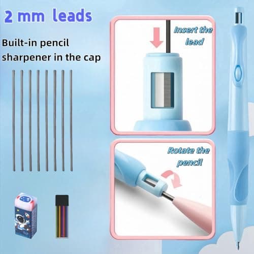 Handwriting thick mechanical pencils with grip: 2.0MM HB Pencil for kids with 14 leads (6 pack)