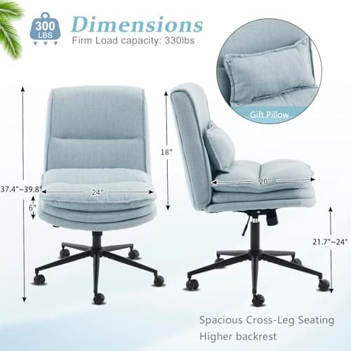 VINGLI Cloud Criss Cross Legged Chair,18" High Back Armless Home Office Desk Chair with Wheels,Wide Adjustable Comfy Padded Seat Task Computer Chair,Modern Swivel Makeup Vanity Chair,Fabric,Blue