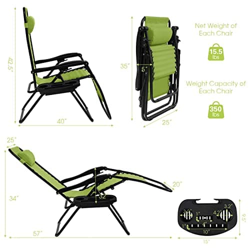 Goplus Zero Gravity Lounge Chairs, 160°Adjustable Folding Recliner w/Pillow and Cup Holder, 350LBS Comfy Outdoor Lounge Chairs for Patio, Lawn, Yard & Camp(Set of 2, Green)