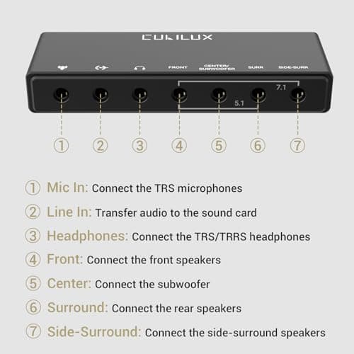 Cubilux 7.1 USB Surround Sound Card- 48KHz-384KHz Sample Rate for Headphones, Full Aluminum Alloy USB A External Sound Card for Laptop PC-Supports Line-in & Stereo Mic in