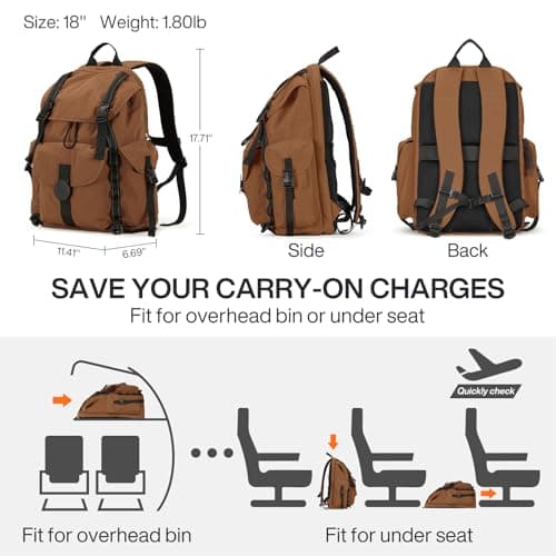 mixi Travel Backpack for Women Men, 18 Inch Carry On Laptop Backpack Flight Approved fits 16'' Laptop, Lightweight Waterproof Hiking Backpack Travel Outdoor Business Casual Daypack, Brown