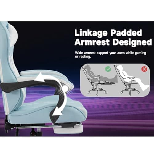 Gaming Desk Chair for Adults, Ergonomic Gaming Chair with Footrest & Headrest and Lumbar Support, Leather Material Height Adjustable Computer Video Game Chairs (Blue+White)