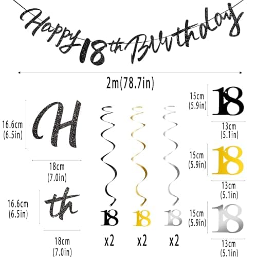 18th Birthday Decorations for Boys Swirls Streamers Set, Hanging Vortex Happy 18th Birthday Banner for Girls, Black and Gold 18 Birthday Decor Party Bunting