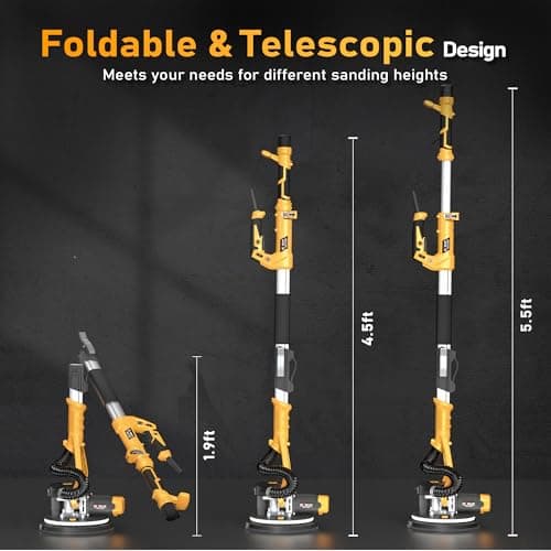 GEVEELIFE Drywall Sander, 880W Popcorn Ceiling Removal Tool, Drywall Sander with Vacuum Dust Collector, 5 Variable Speed 1000-2100RPM, LED Light, Foldable & Extendable Handle, 12 Sanding Discs