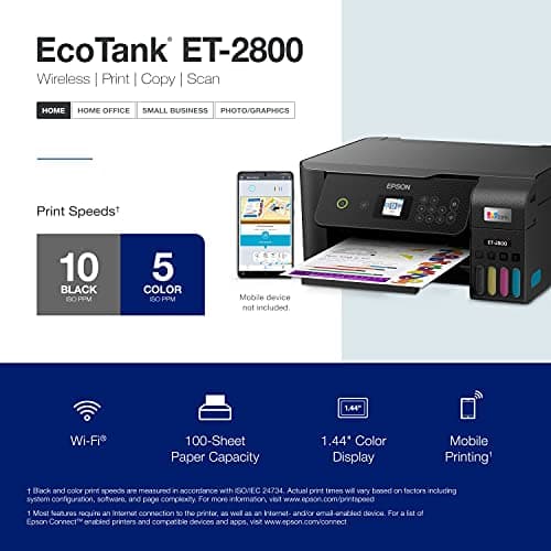 Epson EcoTank ET-2800 Wireless Color All-in-One Cartridge-Free Supertank with Scan and Copy, The Ideal Basic Home Printer - Black