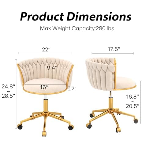HENGJIANYI Velvet Woven Home Office Chair, Modern Swivel Desk Chair with Wheels, Height Adjustable Vanity Chair with Gold Metal Base and Hand Weaving Back, Beige