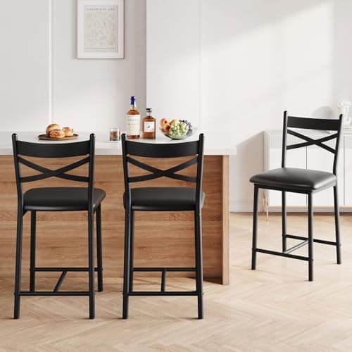 22" Bar Stools Set of 4, Counter Height Bar Stools with PU Upholstered Seat, Metal Frame Kitchen Bar Chairs with X-Design Back and Footrest for Kitchen Island, Counter Bar, Dining Room, Black
