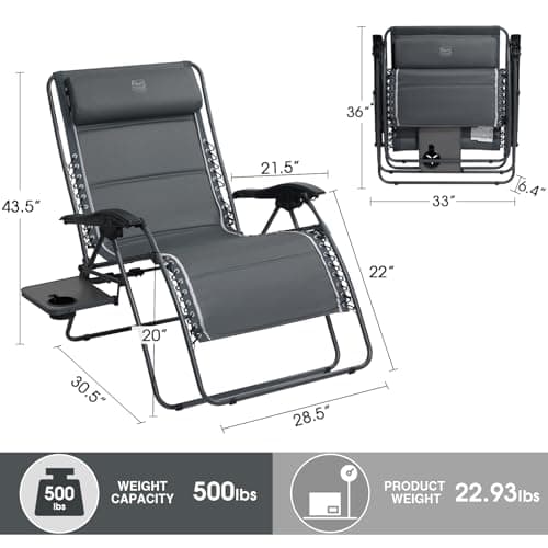 Timber Ridge Oversized Zero Gravity Chair, 33In Wide XXL Zero Gravity Reclining Chair with Side Table, Full Padded Lounge Chair for Outdoor Camping Patio Lawn, Heavy Duty Supports 500lbs, Grey-1 Pack