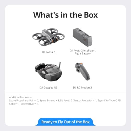 DJI Avata 2 Fly Smart Combo (Single Battery), FPV Drone with Camera 4K, Immersive Experience, One-Push Acrobatics, Built-in Propeller Guard, 155° FOV, Camera Drone with Goggles N3 and RC Motion 3